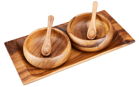 Acacia Wood 10” Appetizer Tray Gift Set with 2 Bowls and Spoons